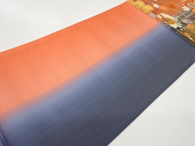  格子に梅・蝶・花々模様織出し袋帯